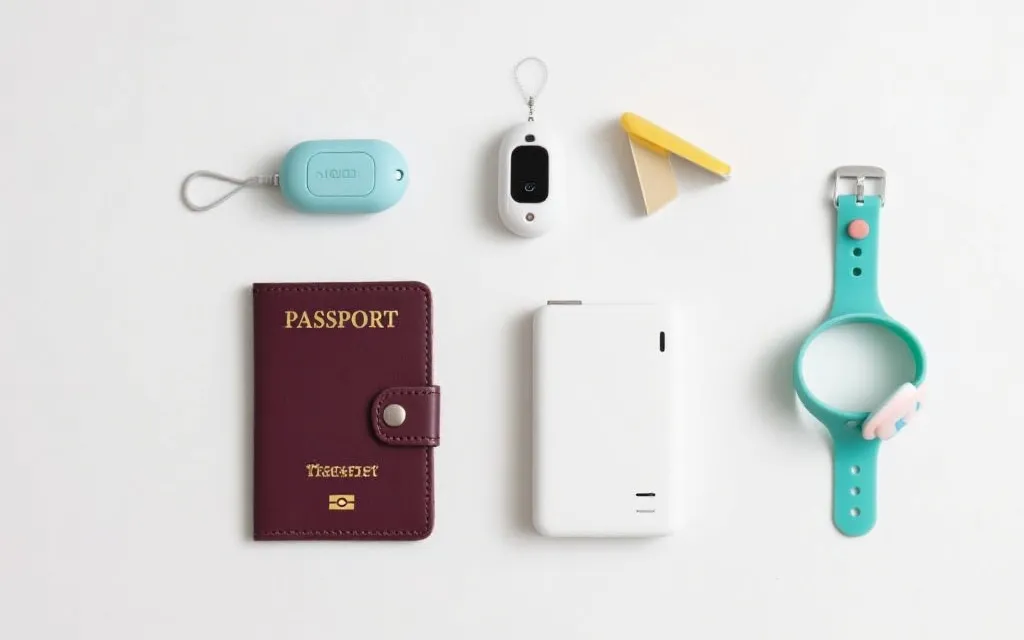 旅行安全打包平铺：证件夹、定位工具、警报器、门阻、充电宝与亲子用品