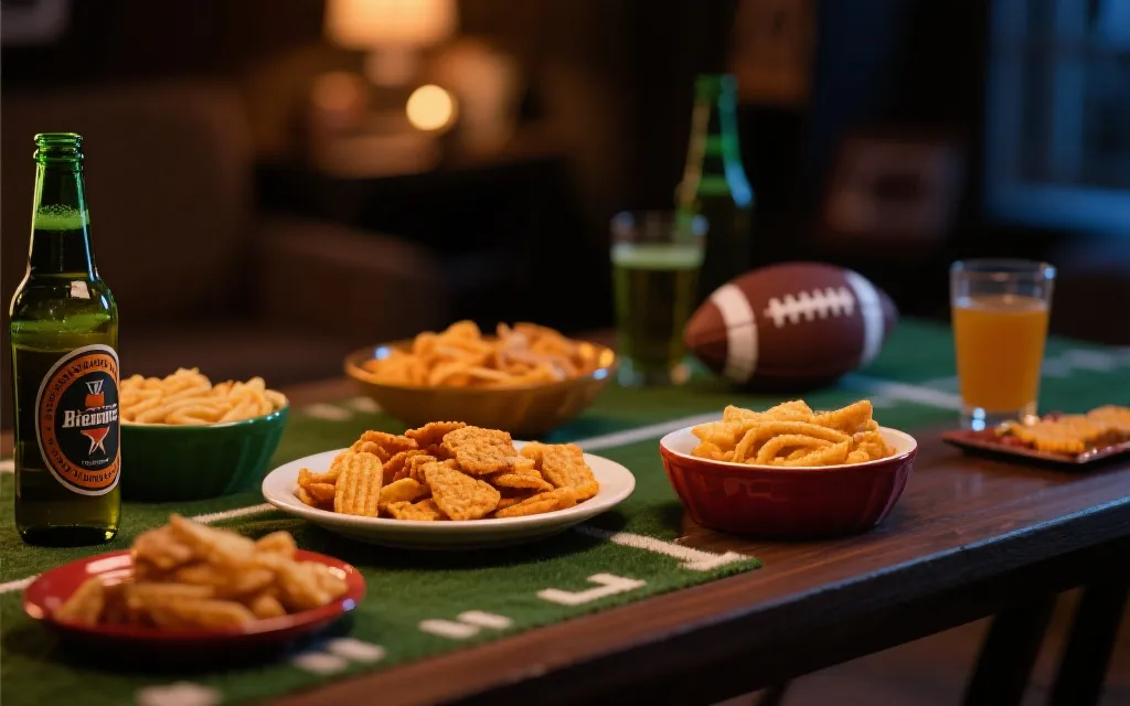 夜间观赛派对的桌面零食与饮品氛围图