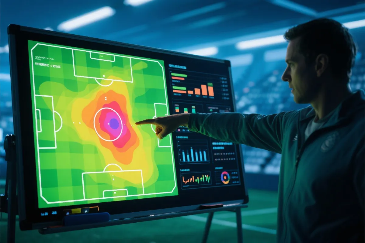 战术板与数据图层叠加的足球分析画面，教练指向球场区域，现代感、冷色调