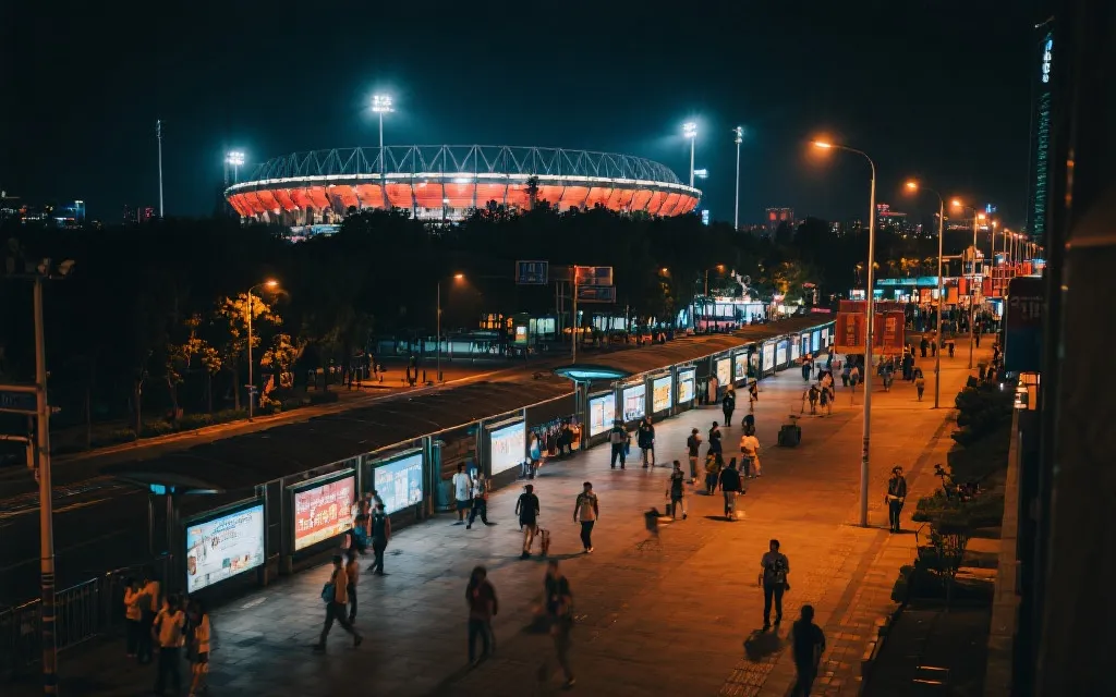 夜间球迷步行街与公共交通接驳区的城市氛围示意图